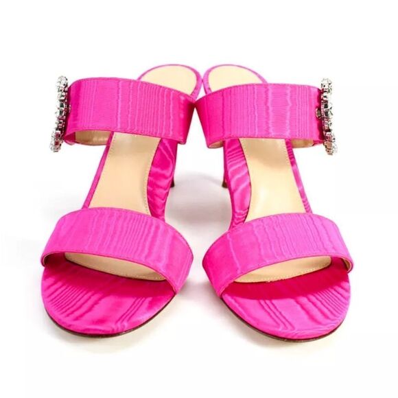 Revolve Marion Parke Lucia Fuchsia Pink Satin Rhinestone Buckle Heeled Sandals - Picture 4 of 10